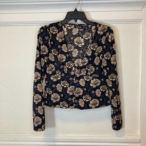 NEW Nasty Gal Sz. 4 Black Tan Floral Roses Button V-Neck Long Sleeve Top Blouse